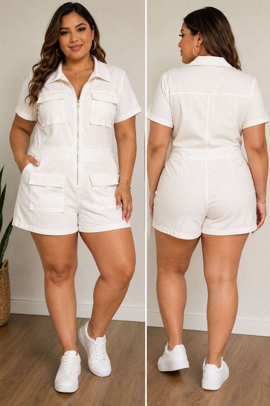 Love Highlight White Utility Romper  Size 2X Zip Front Cargo Pocket Short Sleeve